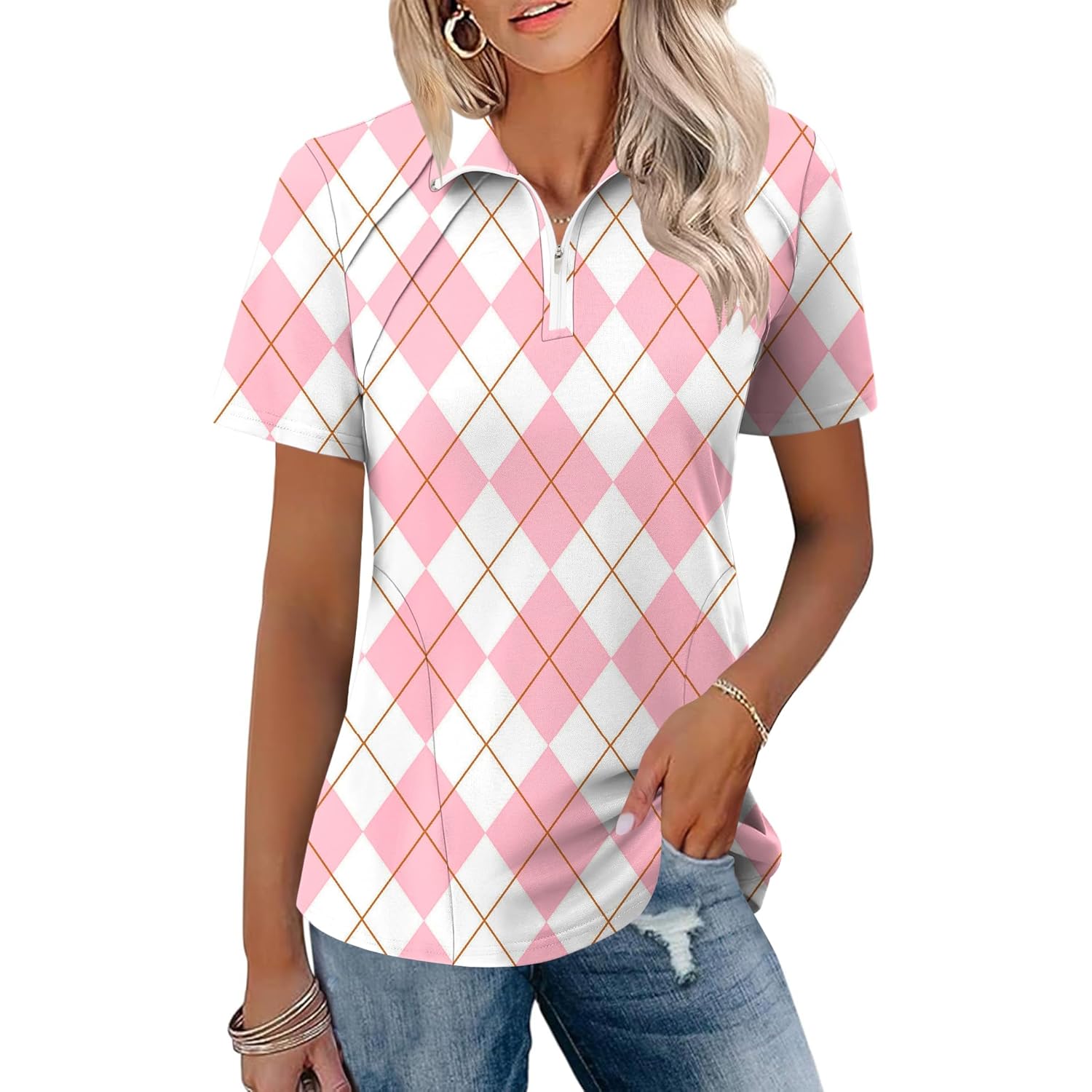 Womens Golf Polo Shirts Summer Short Sleeve 1/4 Zip Tops Moisture Wicking Casual Tennis Activewear with Pockets