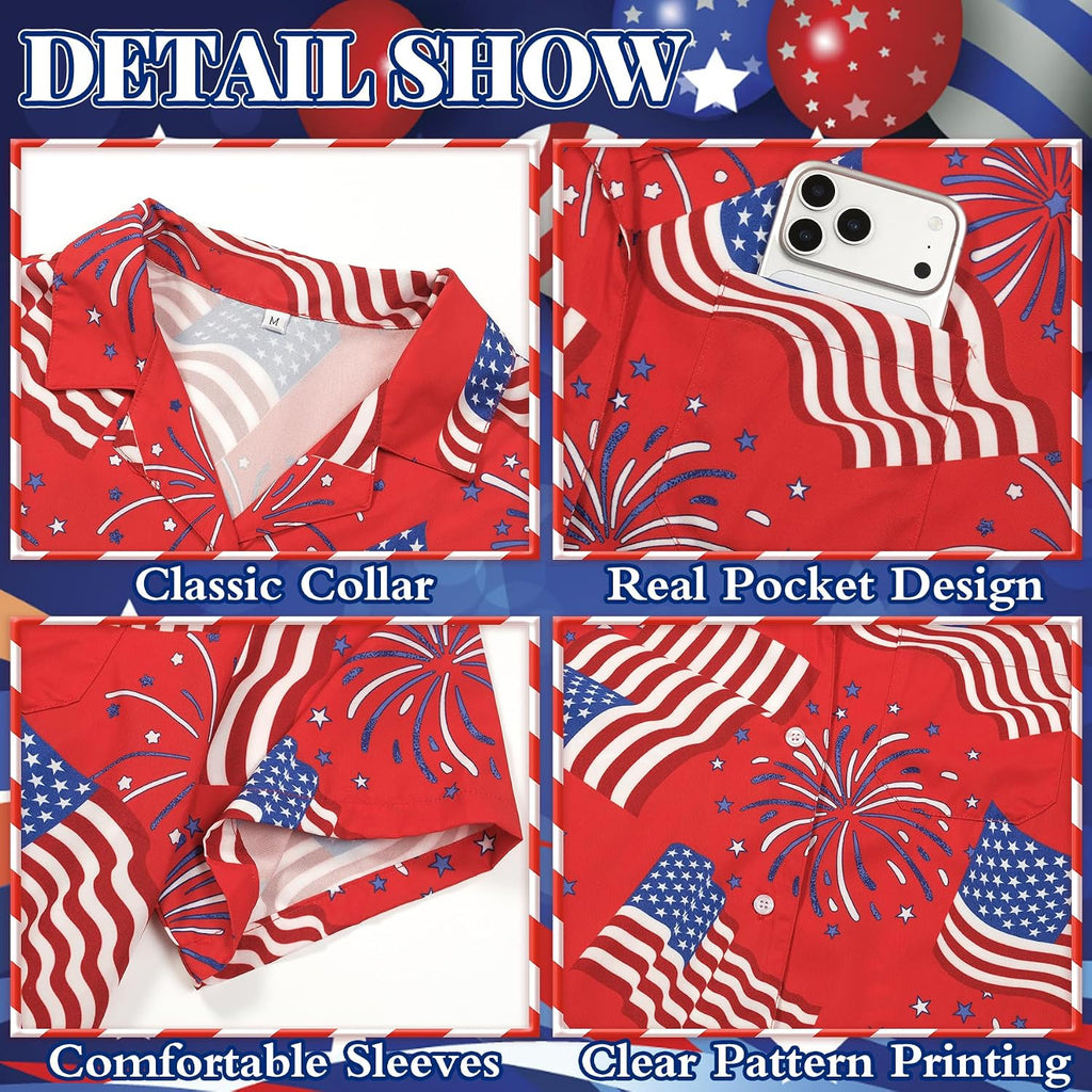 4th of July Hawaiian Shirt for Men Independence Day Patriotic Casual Beach Shirt for Parade Party