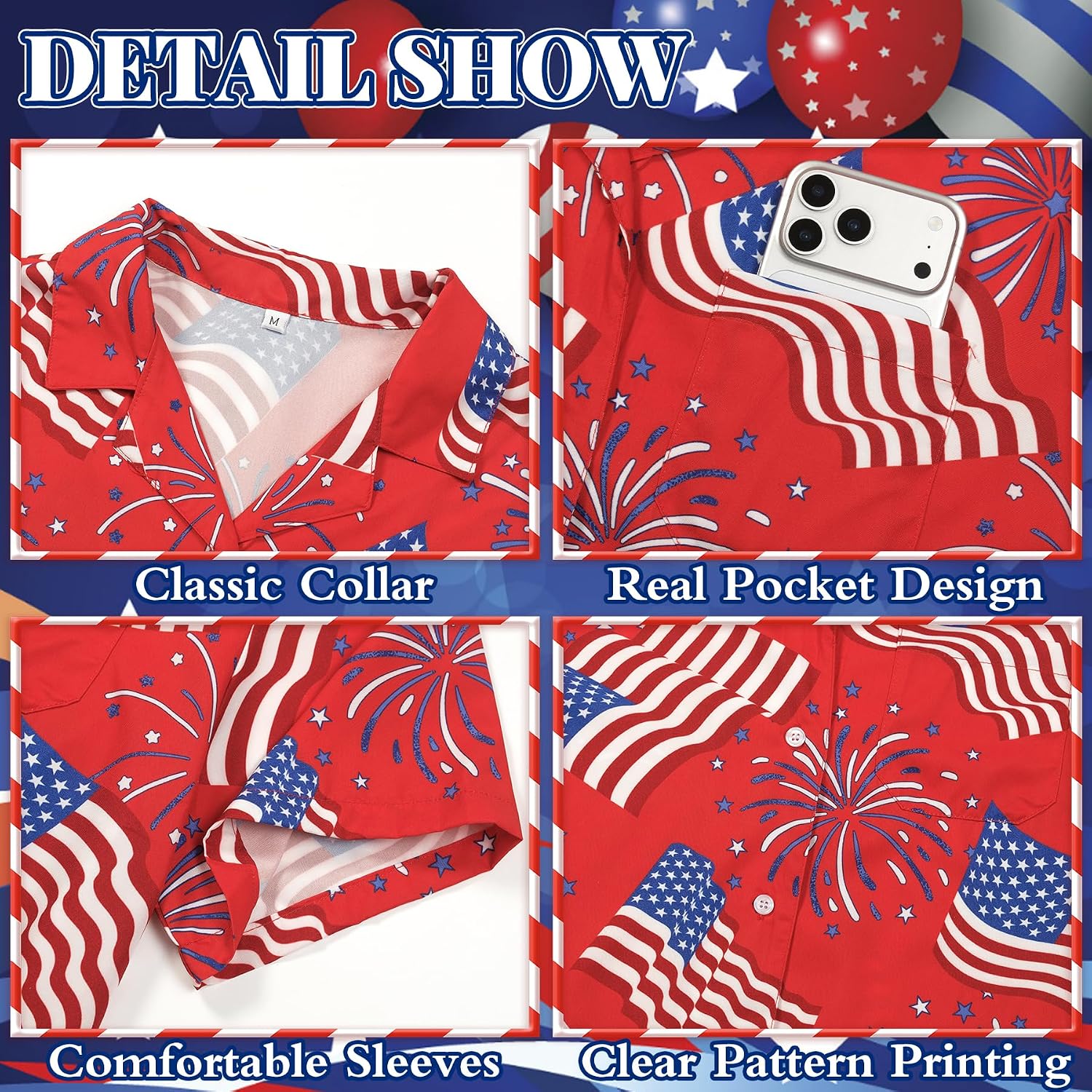 4th of July Hawaiian Shirt for Men Independence Day Patriotic Casual Beach Shirt for Parade Party