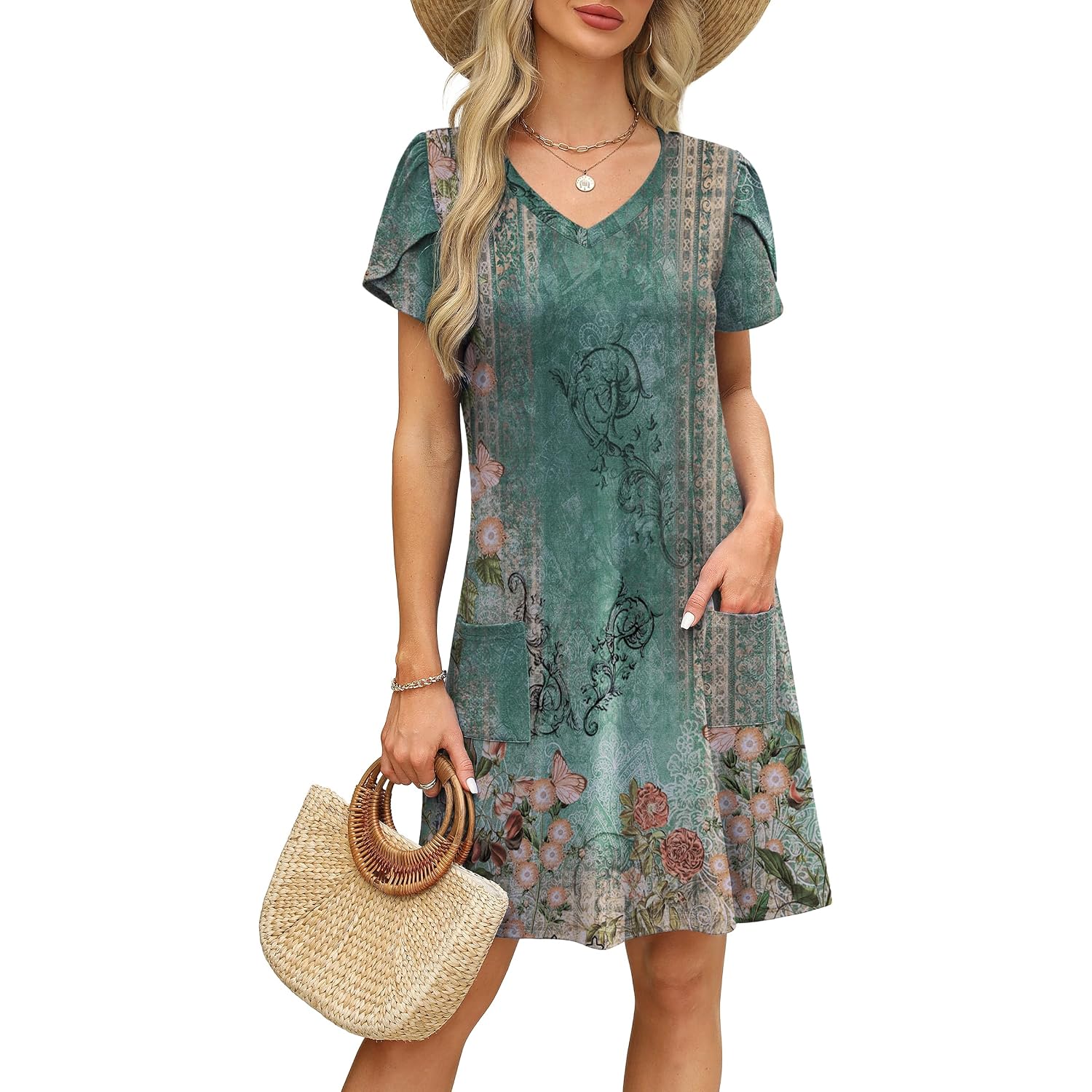Ofeefan Womens Summer Dresses 2026 Tulip Petal Short Sleeve V Neck Loose Swing Sundresses With Pockets Plain/Print