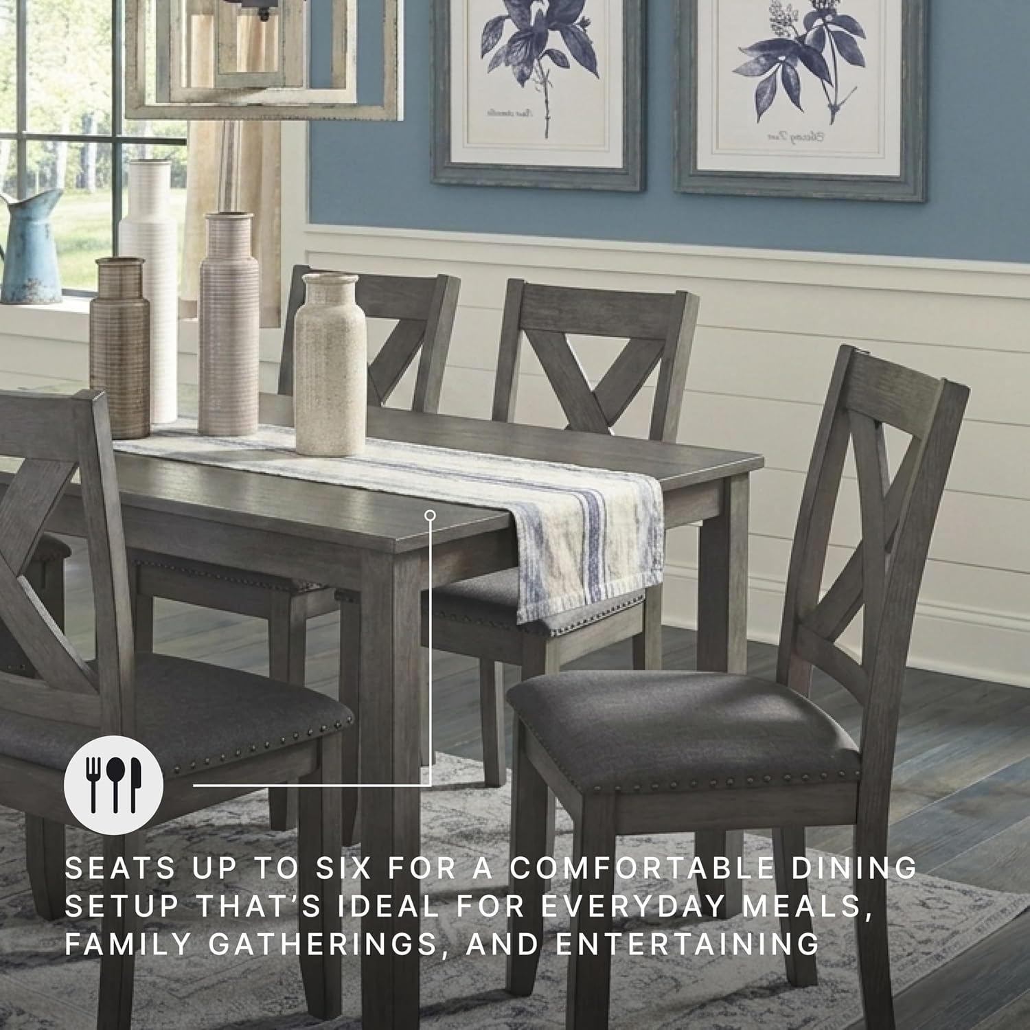 Signature Design By Ashley Caitbrook Rustic 7-Piece Dining Set – Rectangular Table With 6 X-Back Upholstered Chairs, Gray