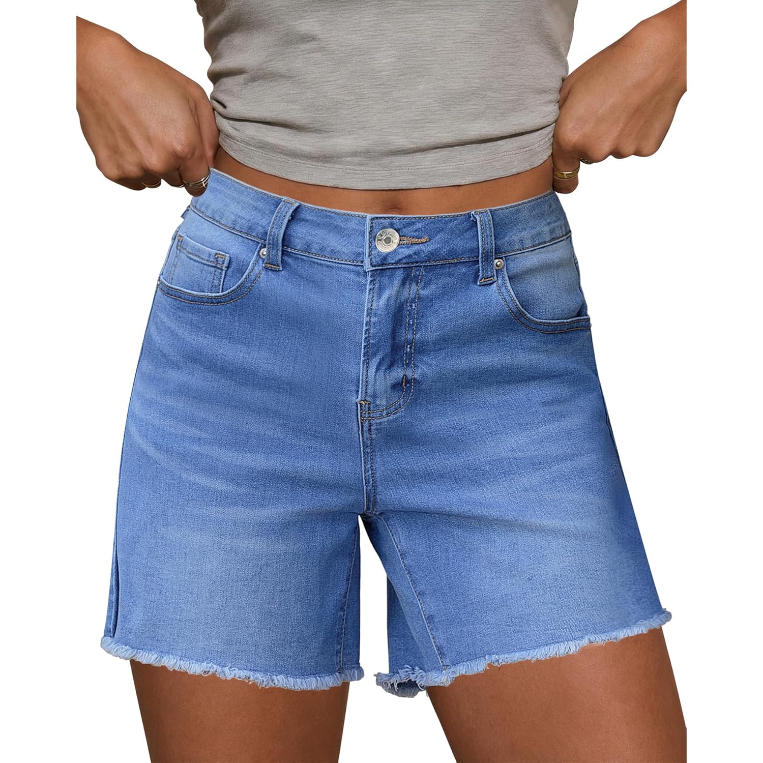 Jean Shorts for Women High Waisted Raw Hem Mid Thigh Cut Off Stretchy Denim Shorts Casual Summer Jorts