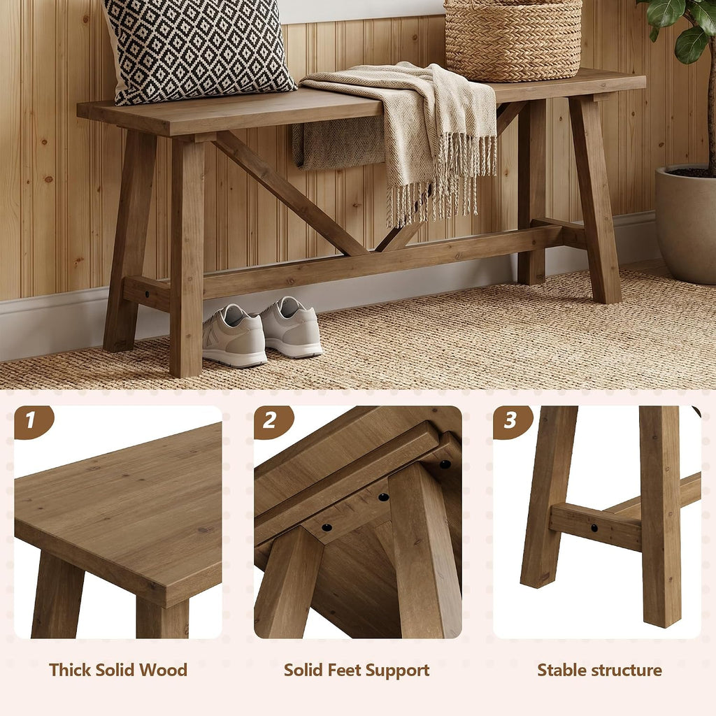 Wnutrees 43" Farmhouse Solid Wood Bench, Narrow Long Seat, Natural | Entryway Seat For End Of Bed, Living Room, Dining Area, Hallway