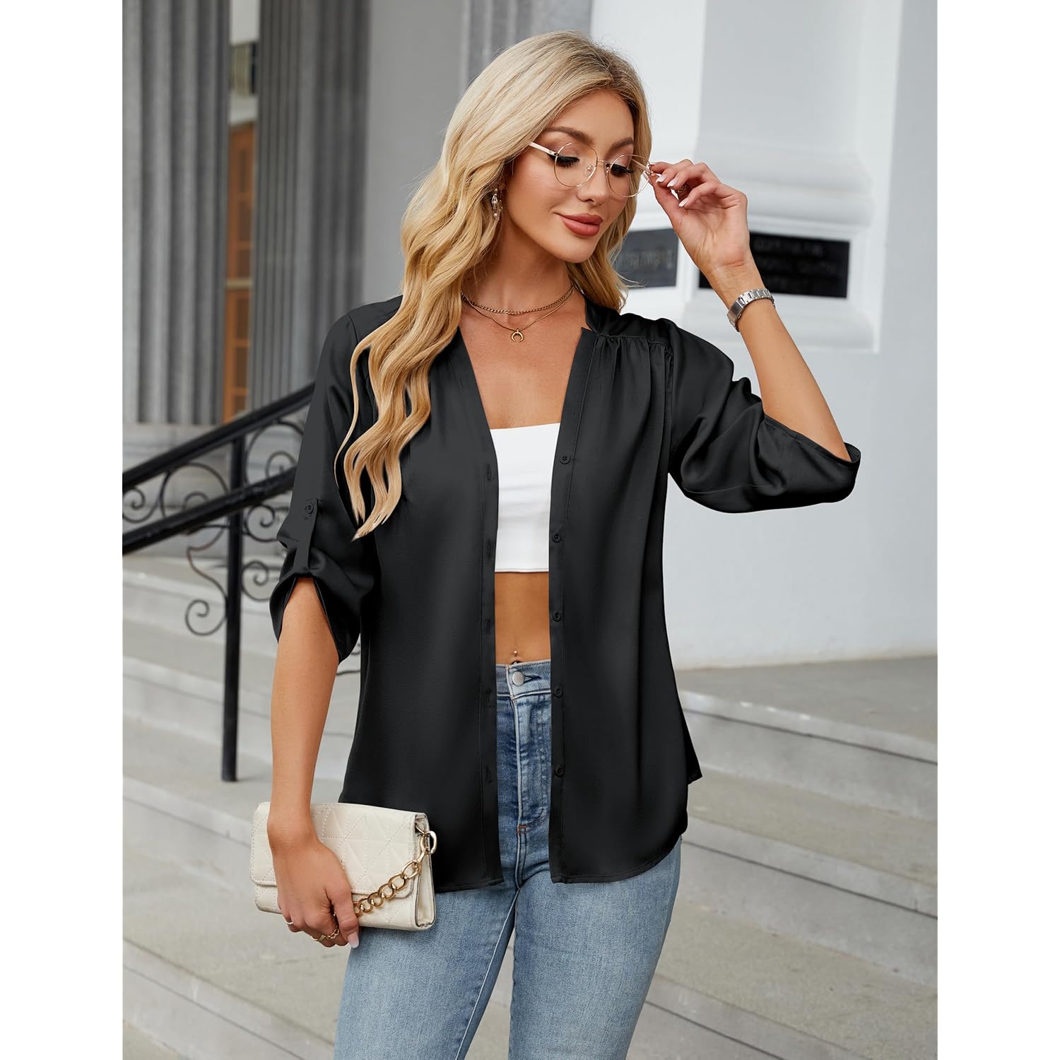 Womens Button Down Shirts 3/4 Sleeve Dressy Casual Tops Pleated Satin Silk Business Blouses 2026