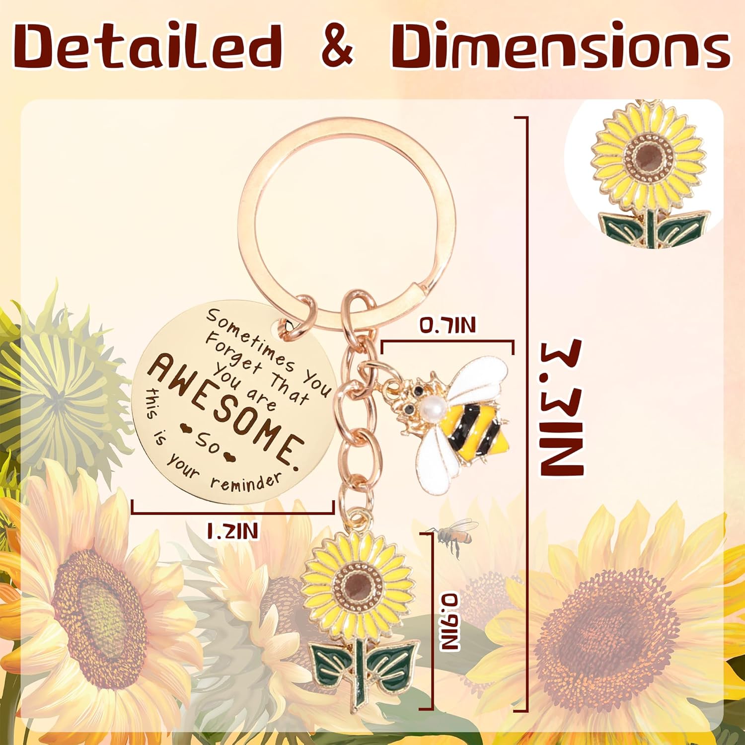 Sunflower Keychains Inspirational Gifts for Women - Motivational Keyring Friendship Keychain Gift, Yellow Sunflower Bee Key Chain for Him Her Friend Coworker Purse Wallet Handbags Backpack