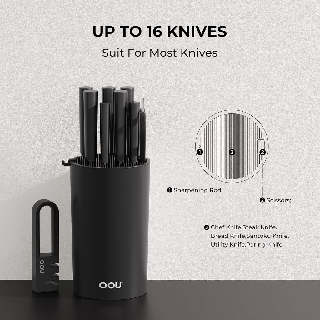 OOU Universal Knife Block Holder Without Knives, Round Kitchen Knife Holder, Detachable Knife Storage for Easy Cleaning-Black