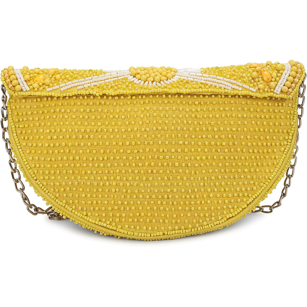 Longing To Buy Beaded Lemon Slice Clutch Purse, Yellow Evening Bag With Chain Strap, Novelty Fruit Design