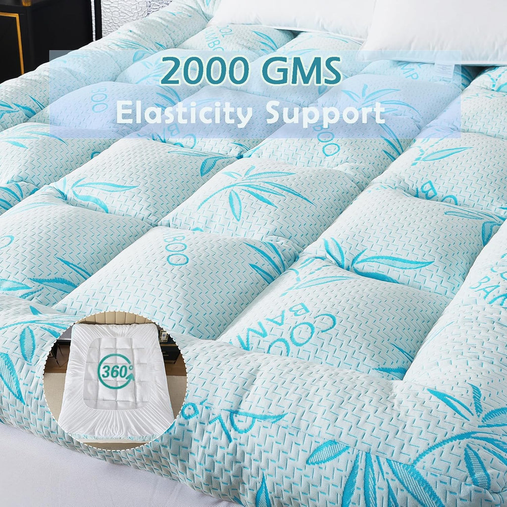 Whatsbedding 5 Inch Queen Mattress Topper Breathable Bamboo Viscose Air Layer,Memory Foam Mattress Topper Queen Size Blue.