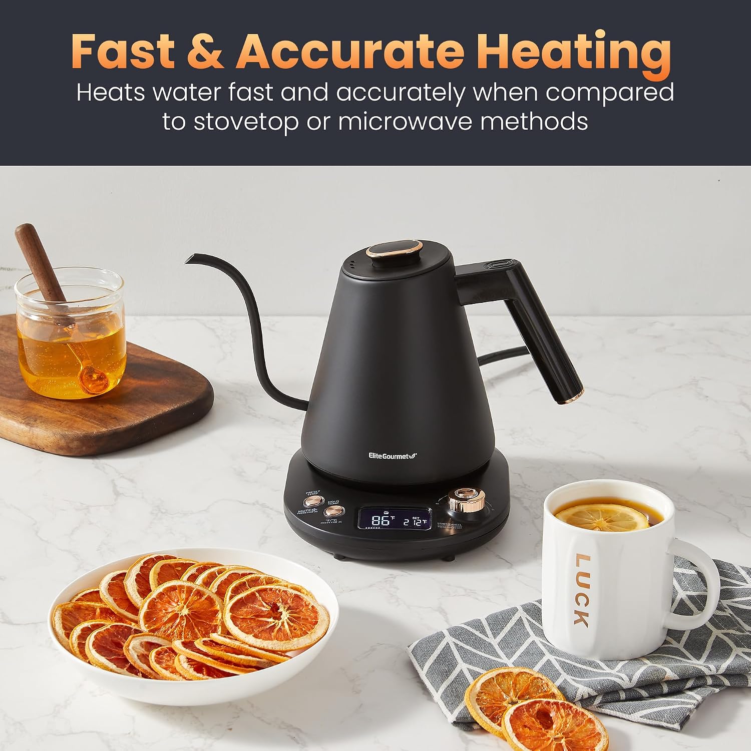 Elite Gourmet Ekt3001 1L Digital Water Kettle, 304 Stainless Steel Interior, Programmed Temperatures, Keep Warm Function, Cordless, 360° Base, Auto Off & Audible Indicator, Matte Black