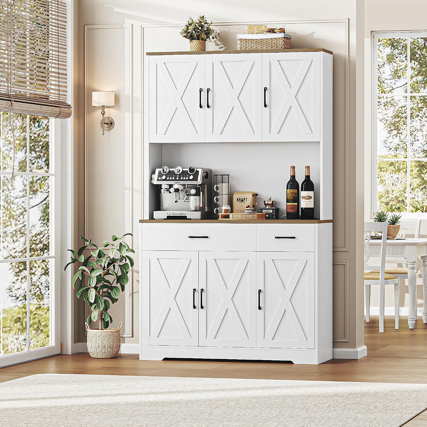 Hostack 71"H Kitchen Pantry Storage Cabinet, Farmhouse Hutch Cabinet, White | Space-Saving Pantry Cabinet With Charging Station & 2 Large Drawers & Adjustable Shelves, Tall Kitchen Hutch For Dining Room