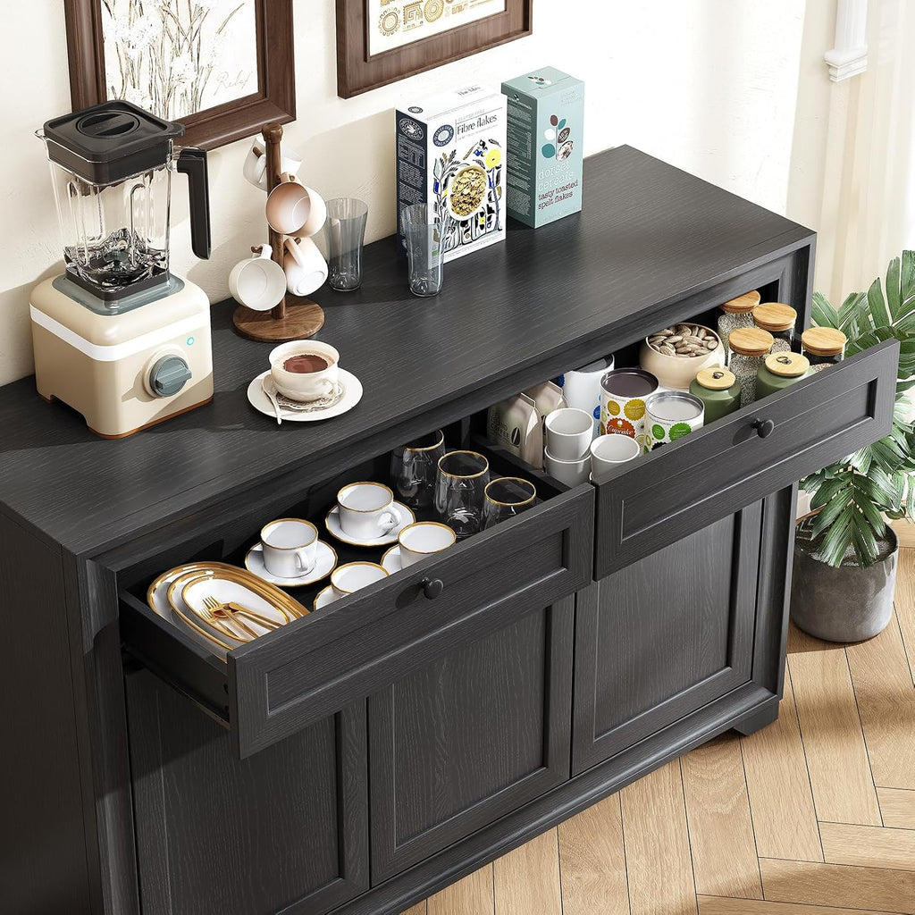 48 Inches Sideboard Buffet Cabinet With Storage, Farmhouse Sideboard With 2 Drawers And 3 Doors, Wood Coffee Bar Cabinet With Adjustable Shelves For Living Room, Kitchen, Hallway, Black