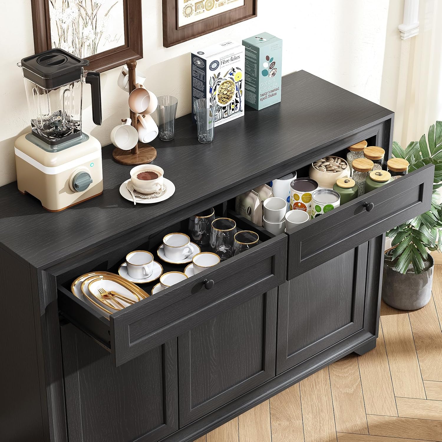 48 Inches Sideboard Buffet Cabinet With Storage, Farmhouse Sideboard With 2 Drawers And 3 Doors, Wood Coffee Bar Cabinet With Adjustable Shelves For Living Room, Kitchen, Hallway, Black