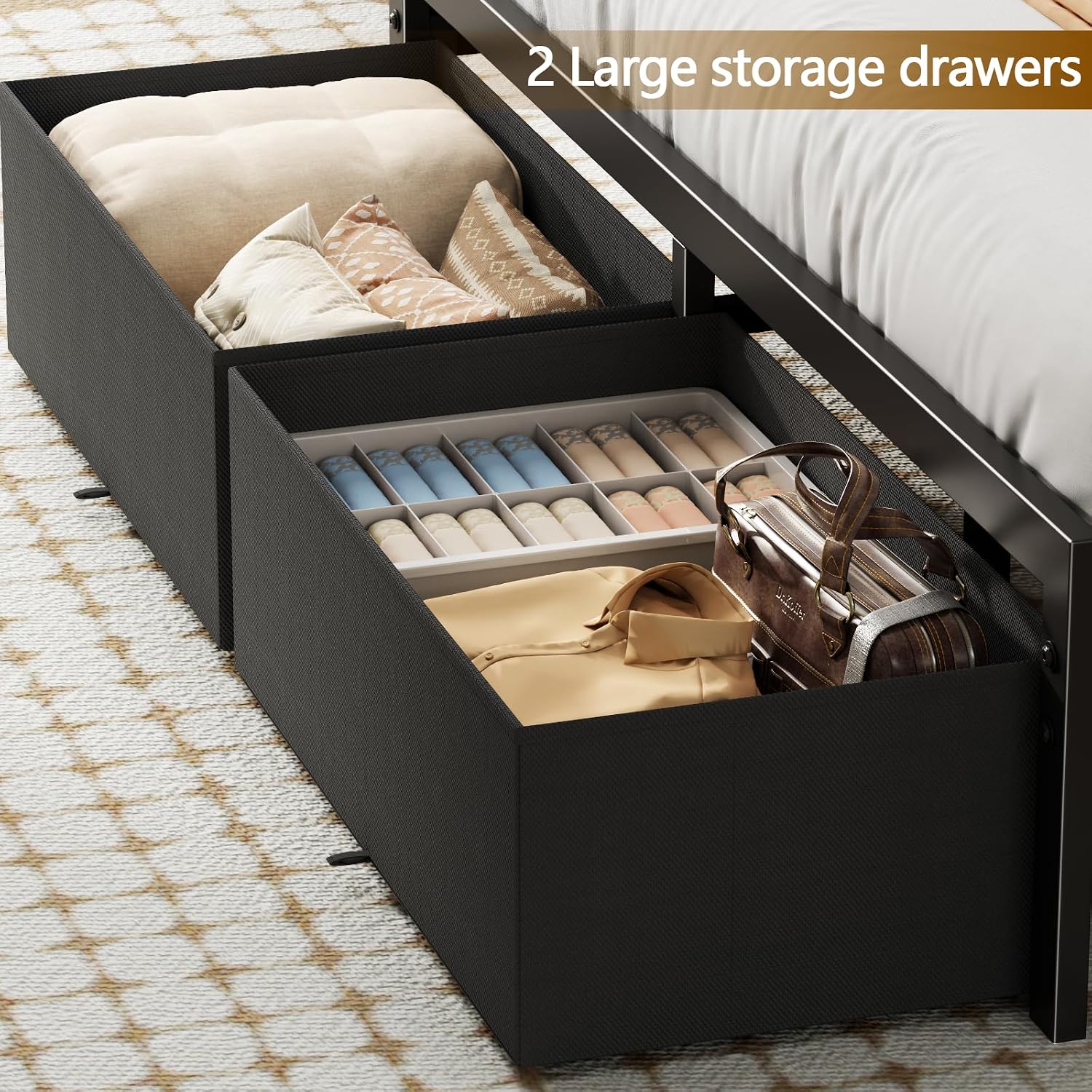 Queen Size Bed Frame With Headboard Storage, Platform Bed Frame Queen Size With 2 Drawers, Charging Station And Led Lights, No Box Spring Needed, Noise Free, Easy Assembly (1200 Lbs Capacity)