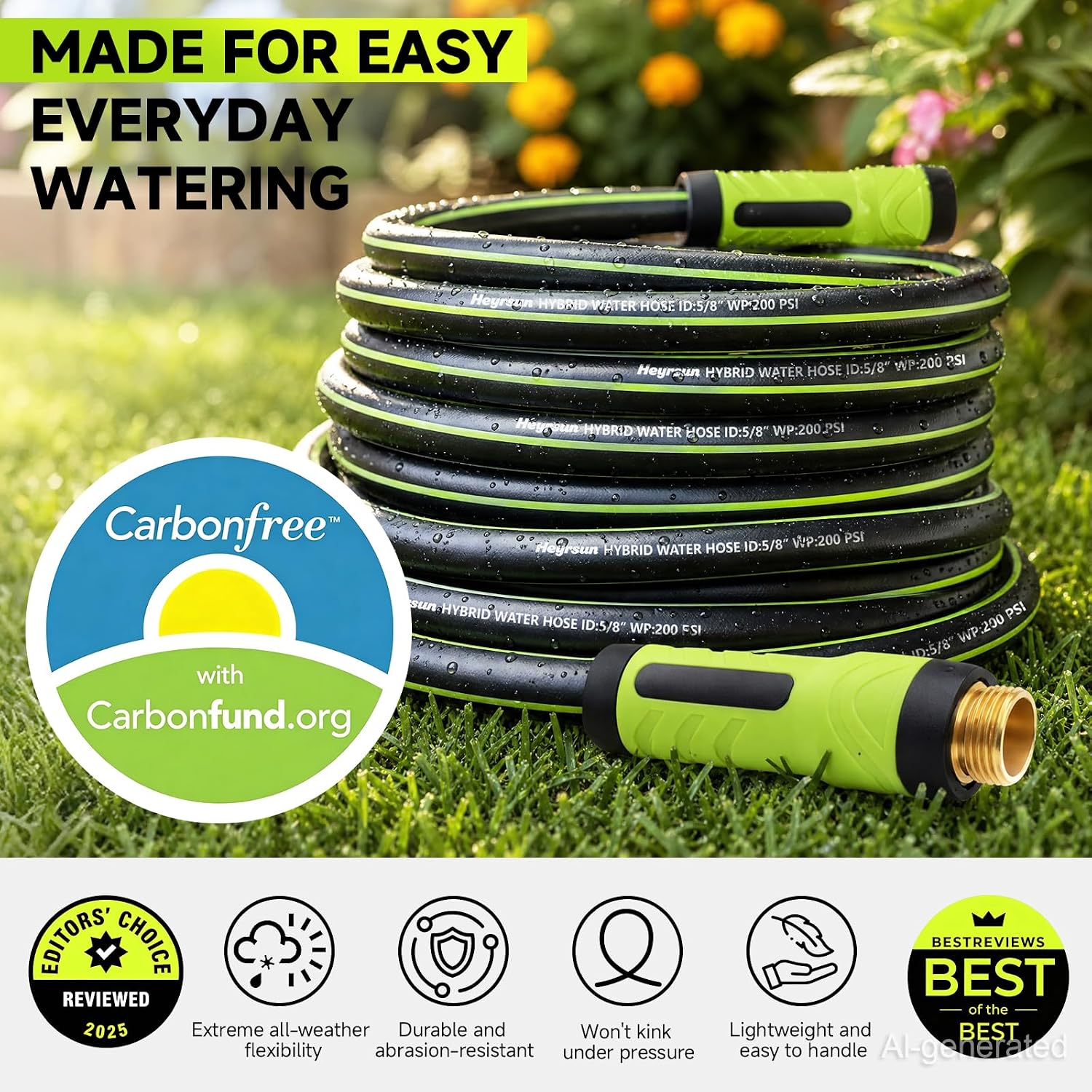 Garden Hose 50Ft, Non-Expandable Heavy Duty Water Hose With 10 Function Sprayer, Flexible, Leakproof, Kink Resistant & Hybrid Hose For Yard, Outdoor, 600 Psi