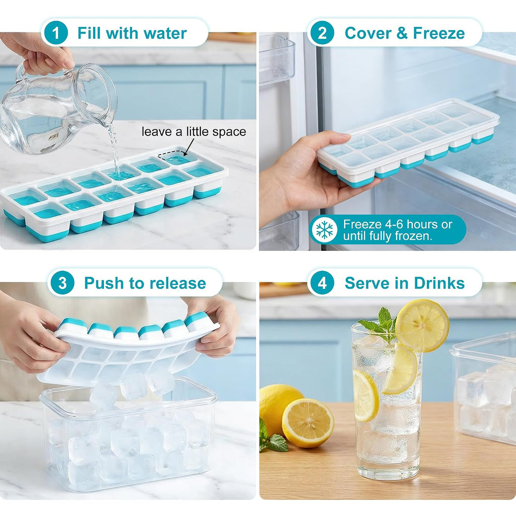Nfk Ice Cube Tray With Lid & Bin - 4 Pack 48 Cubes Stackable Silicone Trays For Freezer With Storage Container, Leak-Proof Lids, Bpa-Free, Easy Release For Kitchen, Rv, Party, Cocktail & Coffee