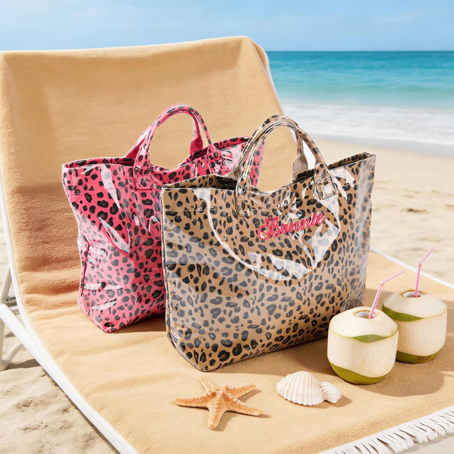 Personalized Beach Tote Bag with Name, Custom Embroidery Waterproof Striped Tote for Women, Large Capacity PVC Handbag for Summer Travel, Lightweight Beach Bag Gift for Mom Bridesmaid Birthday. | Waterproof fabric