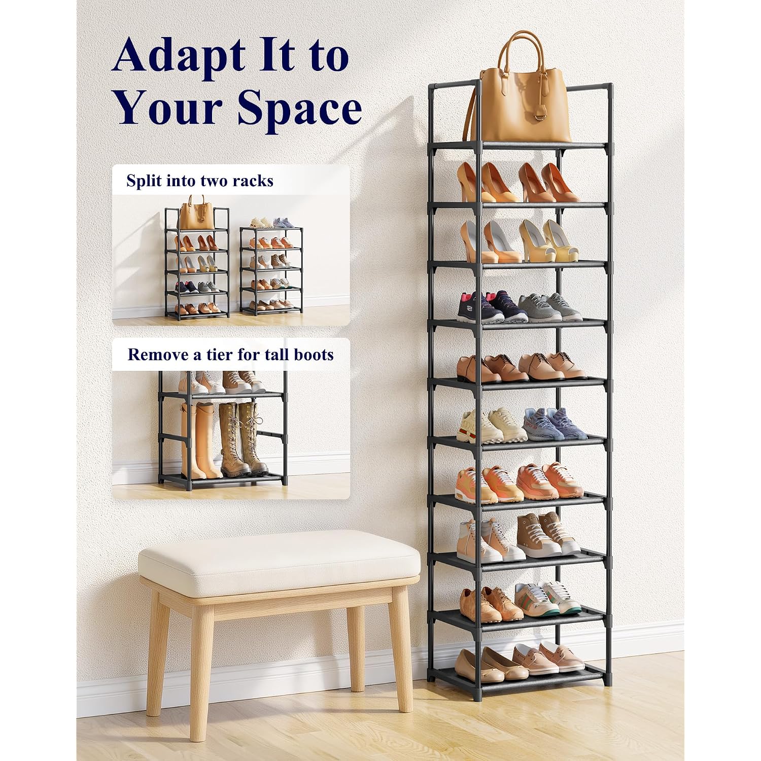 Kitsure Shoe Rack - 10-Tier Shoe Organizer With Detachable Fabric Shelves & Metal Frame, Tall Shoe Rack For Closet, Entryway, Living Room, 16.9" Wide - 10 Tier, Black