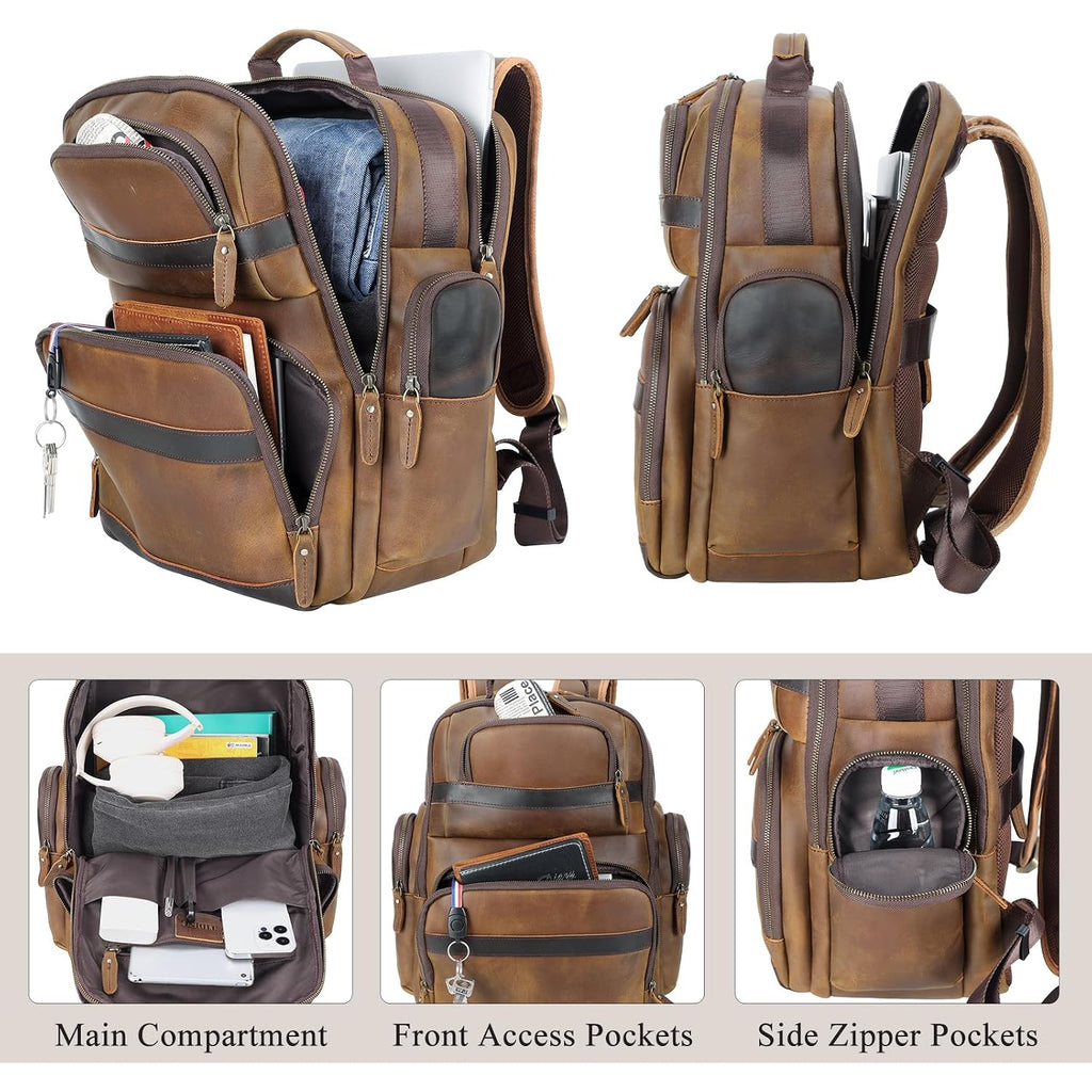 Tiding Men'S Leather Backpack 14"/ 15.6" Laptop Business Travel Daypack | Thick Sponge Padded Laptop & Tablet Sleeves, Water Bottle Holder, Luggage Strap, Anti-Theft Pocket, Large Capacity