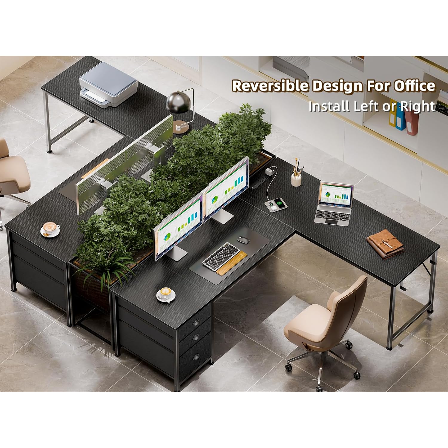 Furologee 63" L Shaped Desk With Power Outlets & Usb-C Port, Reversible Corner Computer Desk With 3 Fabric Drawers, Hooks, Large Home Office Desk For Gaming, Writing, Work, Black