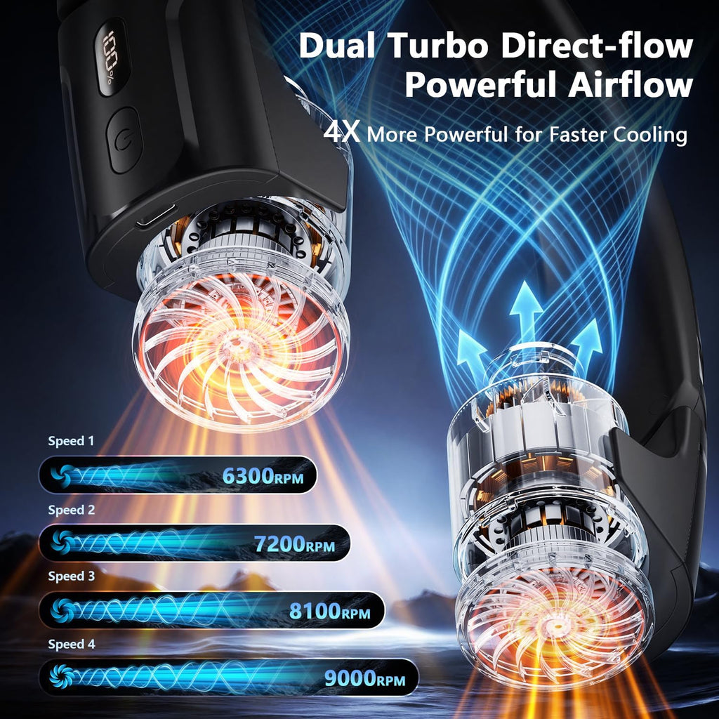 Mavax Chillgo Portable Neck Fan - 8000Mah Personal Wearable Fan, 9000 Rpm Direct-Flow 4X Powerful 360° Airflow Cooling Fan, Max 16H, 4 Speeds, Led Display, Great Gifts For Men Women - 5Th Gen Black