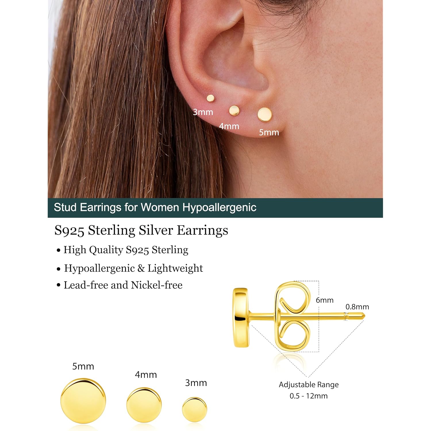 3 Pairs 14k Gold Stud Earrings for Women Hypoallergenic 925 Sterling Silver Post Dainty Silver Cartilage Tragus Earrings Stacks Set Trendy Small Diamond Heart Multiple Piercing Jewelry for Men