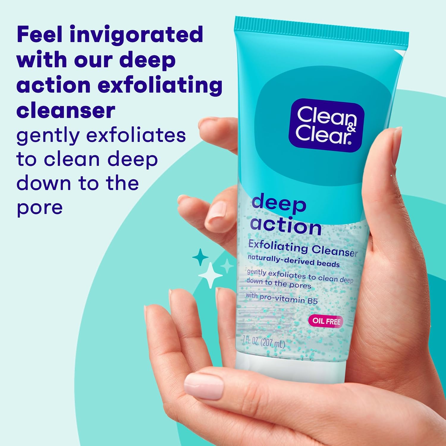 Clean & Clear Deep Action Exfoliating Facial Cleanser, Scrub & Face Wash, Pro-Vitamin B5, Lactic & Glycolic Acids, Oil-Free Gentle Daily Exfoliator for Soft, Smooth, Hydrated Skin, Vegan, 7 Fl Oz Tube