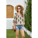 GUNEST Boho Tops for Women V Neck 3/4 Sleeve Lightweight Blouses Trendy Loose Fit Bohemian Dressy Casual Peasant Tunic Blouse