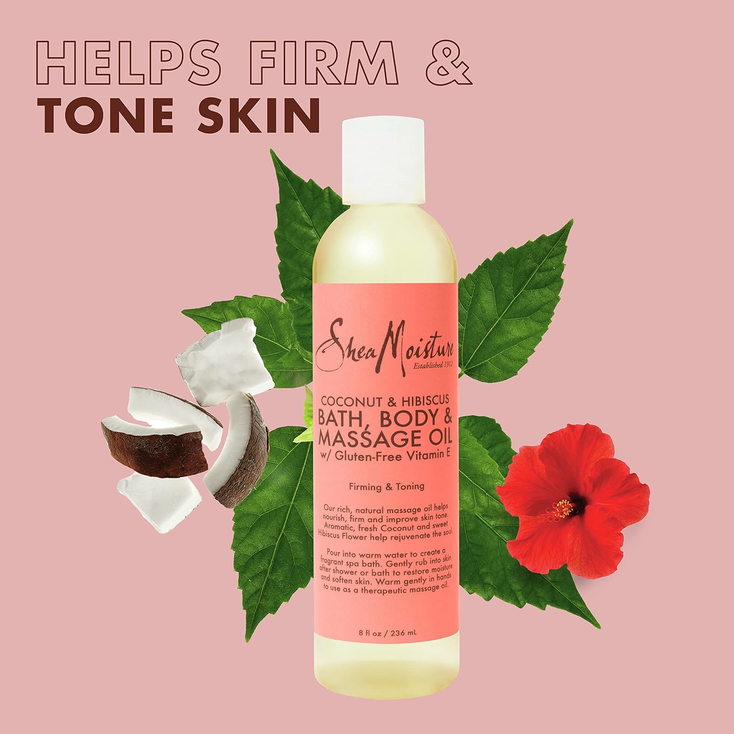 Shea Moisture Coconut & Hibiscus Massage Oil And Body Oil For Dry Skin, Bath Oil With Coconut Oil And Vitamin E Oil For Skin, 8 Oz
