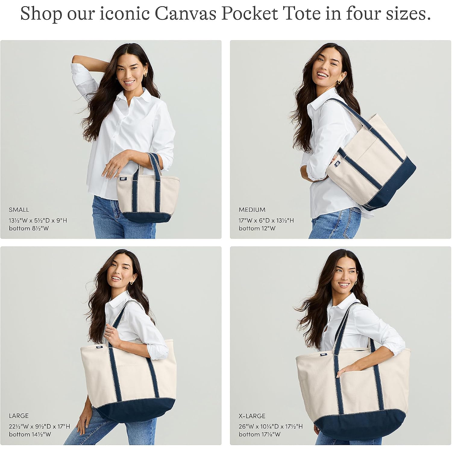 Lands' End Zip Top Long Handle Canvas Tote Bag