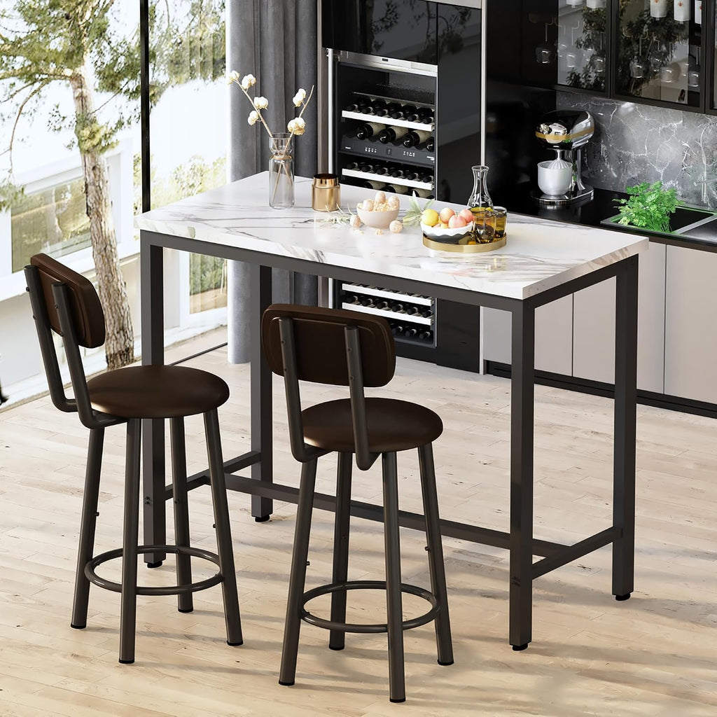 Awqm 3 Piece Bar Table Set Of 2,39.3" Pub Bar Table And Chairs Set,Faux Marble Bar Height Table With 2 Backrest Stools,Small Dining Table For 2,Kitchen Table Set For Small Space,White & Brown