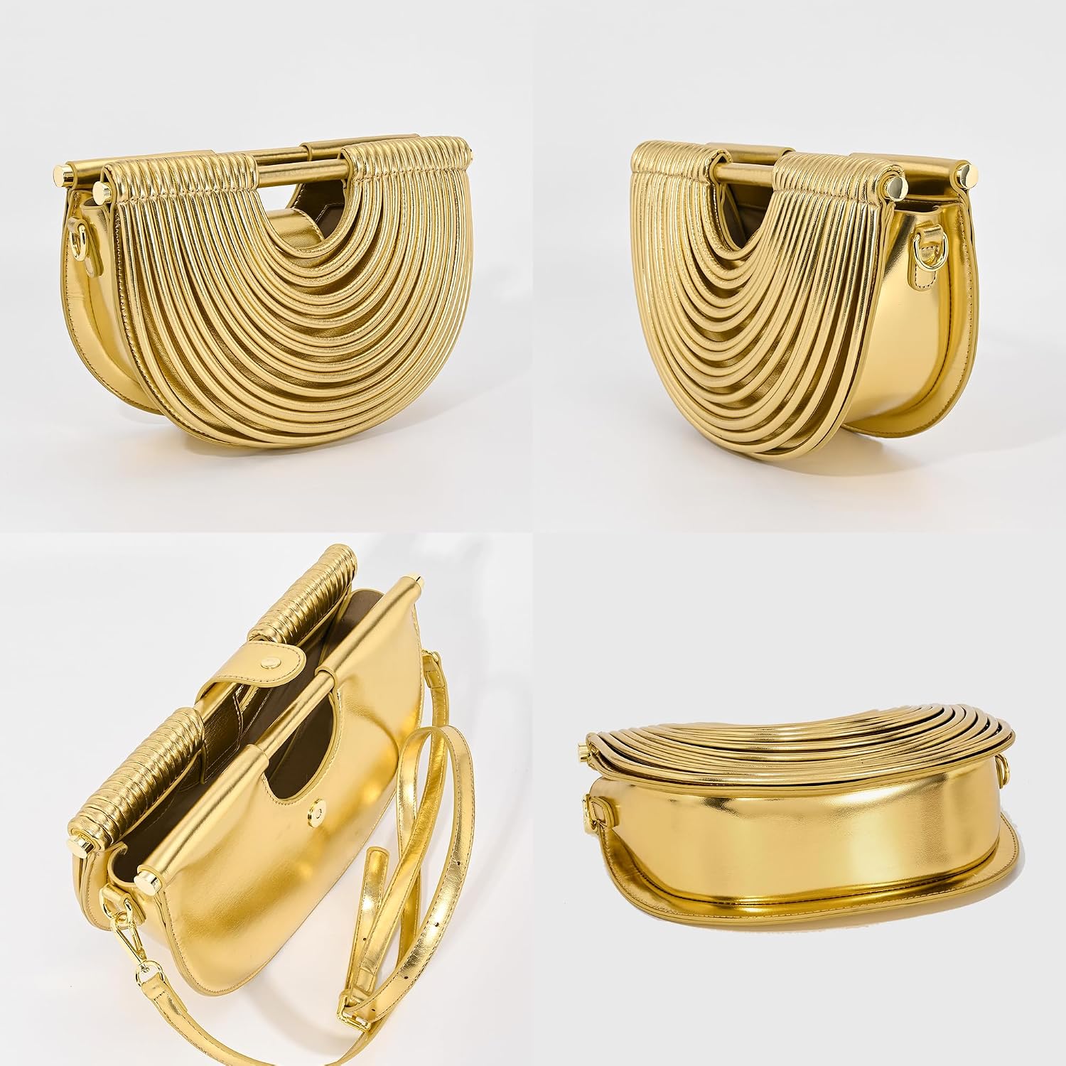 Half-Moon Clutch Purse For Women Wedding Woven Evening Shoulder Bag Top Handle Gold Party Prom Handbag