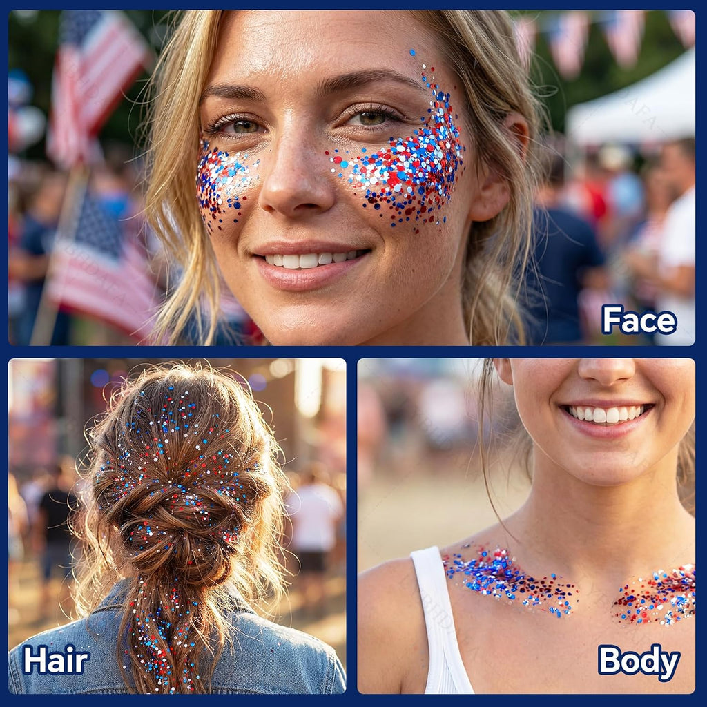 2Pcs 4Th Of July Glitter Stick | Patriotic Red White And Blue Glitter Stick For Face Body Hair, Fourth Of July Accessories & Outfits Women, Usa Flag Makeup For American 250 Anniversary & Memorial Day