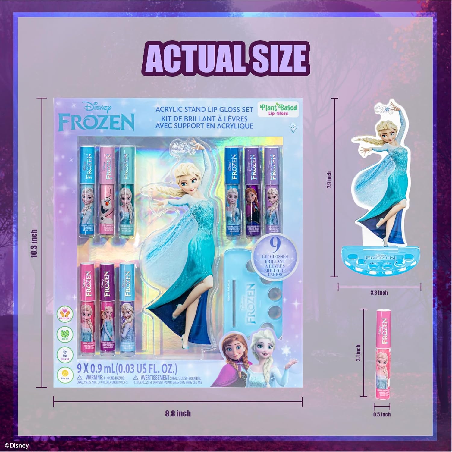 Townley Girl Disney Frozen Elsa Lip Gloss with Acrylic Stand for Storage and Display, Plant Based Lip Gloss, Perfect for Parties, Sleepovers, Makeovers, Birthday Gift for Girls, Age 3