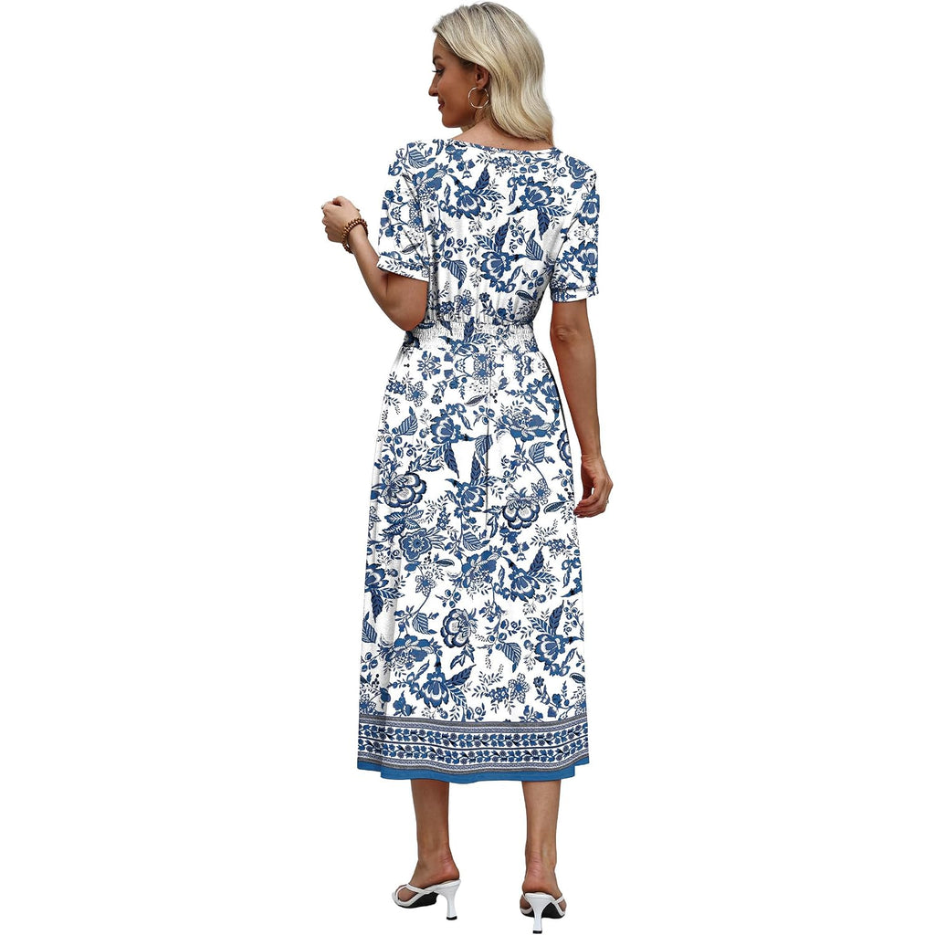Ofeefan Maxi Dresses For Women V Neck Ladies Midi Long Dress A Line Smocked Waisted Casual Summer Spring Clothes Boho Beach