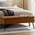 Leather Storage Ottoman Bench,End Of Bed Bench For Living Room Bedroom Dinning Room Entryway,Mid-Century Modern, With Steel Legs,Safety Hinges, Loads 660 Lb (With Button, Brown)