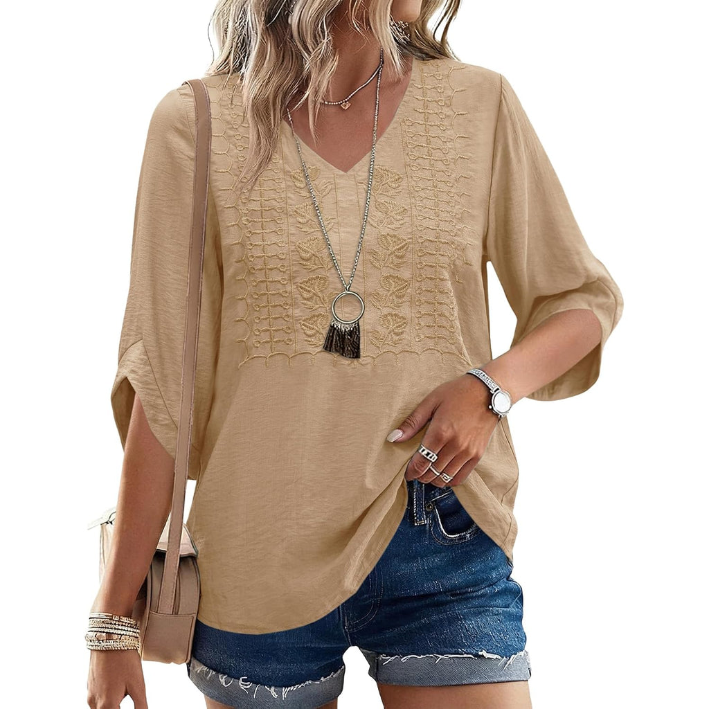 Rapbin Womens 3/4 Sleeve Tops V Neck Casual Shirts Trendy Embroidered Lace Blouses Boho Summer Vacation Clothes