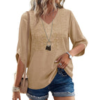 Rapbin Womens 3/4 Sleeve Tops V Neck Casual Shirts Trendy Embroidered Lace Blouses Boho Summer Vacation Clothes