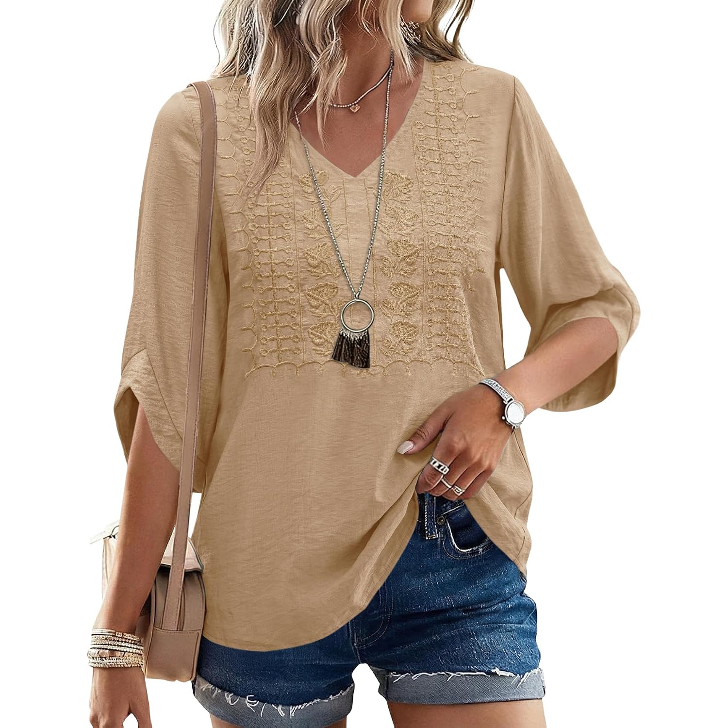 Rapbin Womens 3/4 Sleeve Tops V Neck Casual Shirts Trendy Embroidered Lace Blouses Boho Summer Vacation Clothes