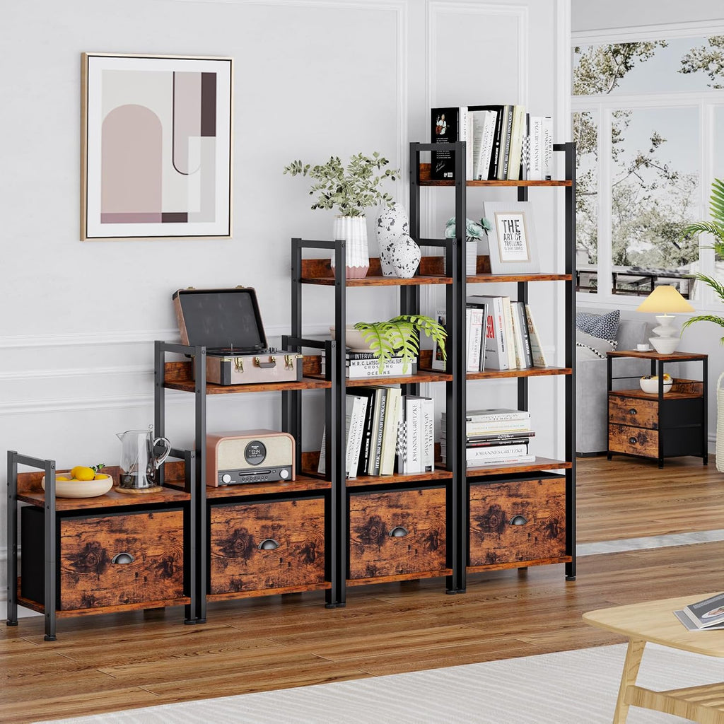 Furologee 5 Tier Bookshelf With Drawer, Tall Narrow Bookcase With Shelves, Wood And Metal Bookshelves Storage Organizer, Industrial Display Standing Shelf Unit For Bedroom, Living Room, Rustic Brown