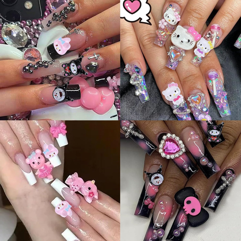 70Pcs Kawaii Nail Charms, 3D Cute Cartoon Nail Art Decorations, Resin Flatback Charms for Acrylic Nails DIY Crafts, 7 Styles with Storage Box