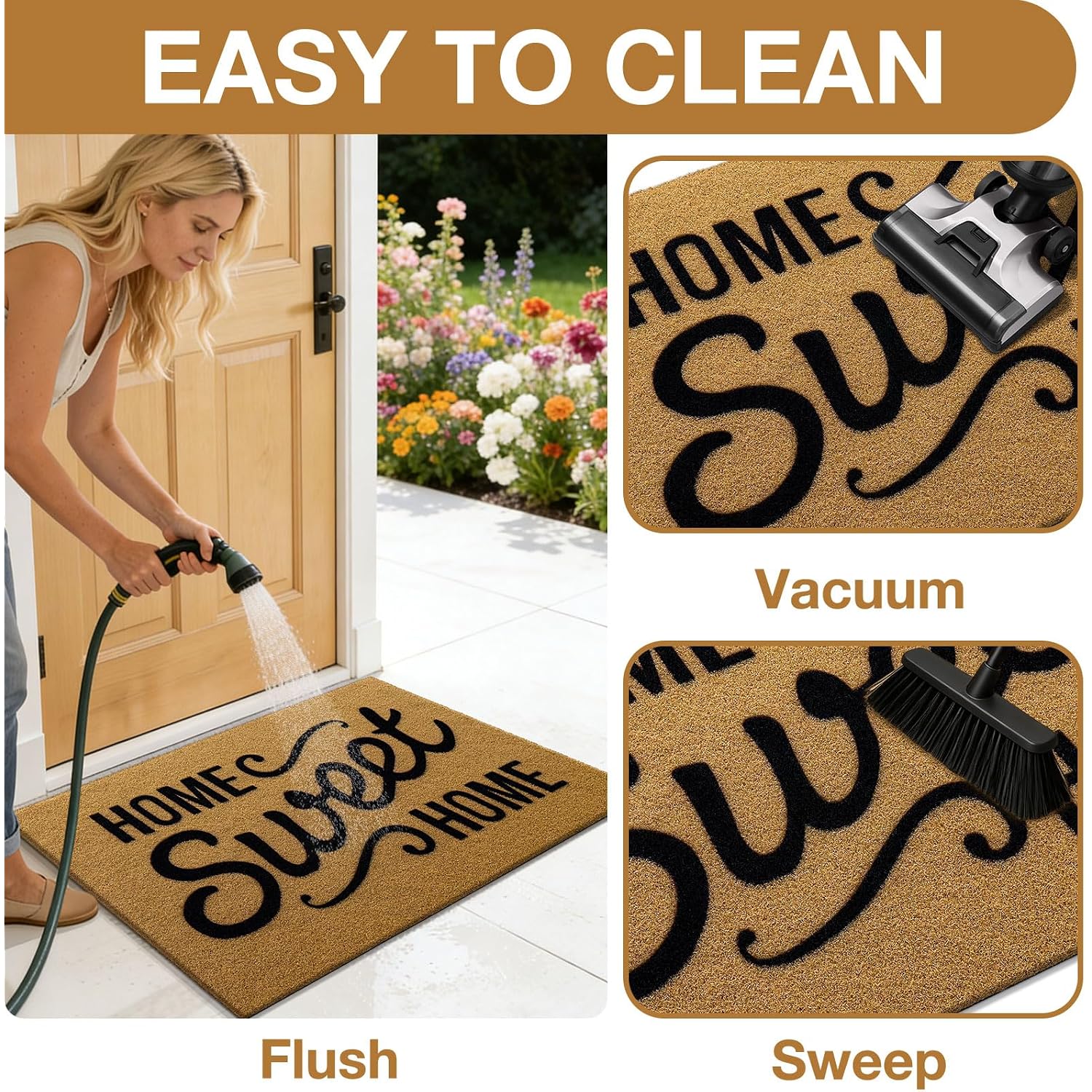Olanly Front Door Mat, Low Profile Doormat, Stain And Fade Resistant, Easy To Clean, For Indoor And Outdoor Entrances, Patio Porch Or Entryway, Brown (30X17 Inch, Home Sweet Home)