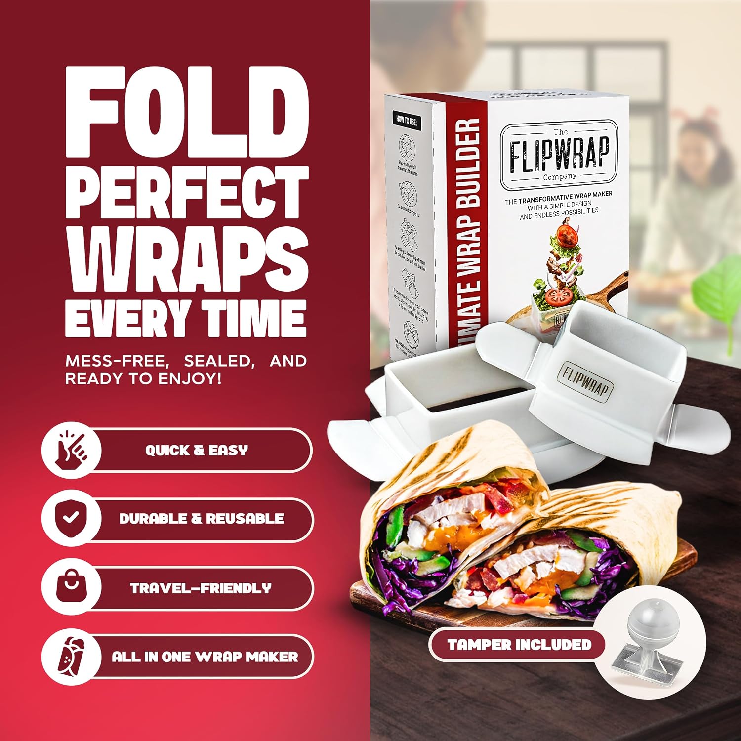 The Flipwrap Tortilla Wrap Maker Kit | Ultimate Wrap Builder For 7" And 10" Tortillas | Tortilla Maker For Burritos And Quesadillas | Perfect For Kid'S Lunches | Tamper Cutter And Storage Box Included