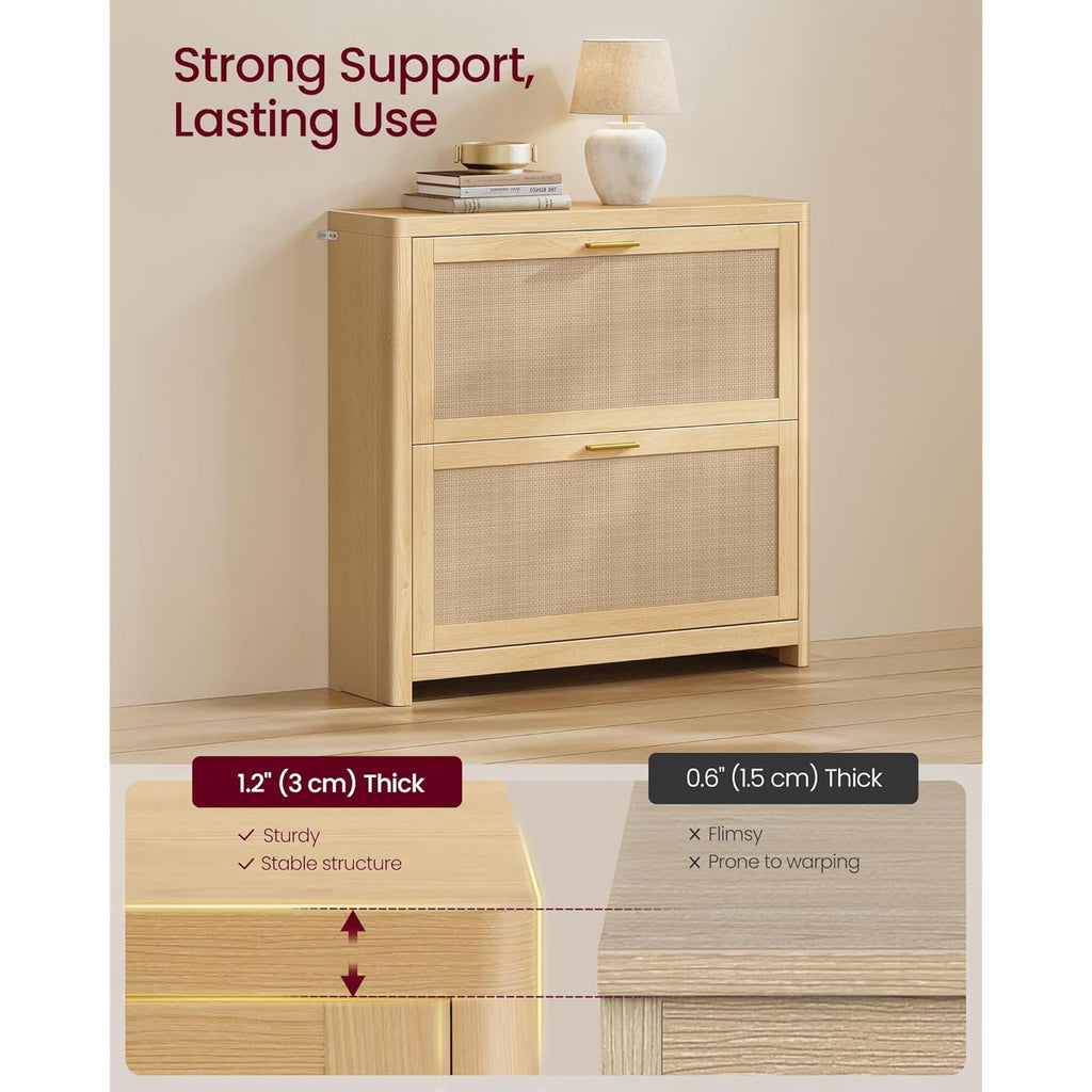VASAGLE ELLAN Collection - Boho Shoe Storage Cabinet for Entryway Slim, Entry Shoe Cabinet with Rattan-Look Flip Drawers, Rounded Corners, Narrow for Entrance, Oak Beige UHSC601YC01