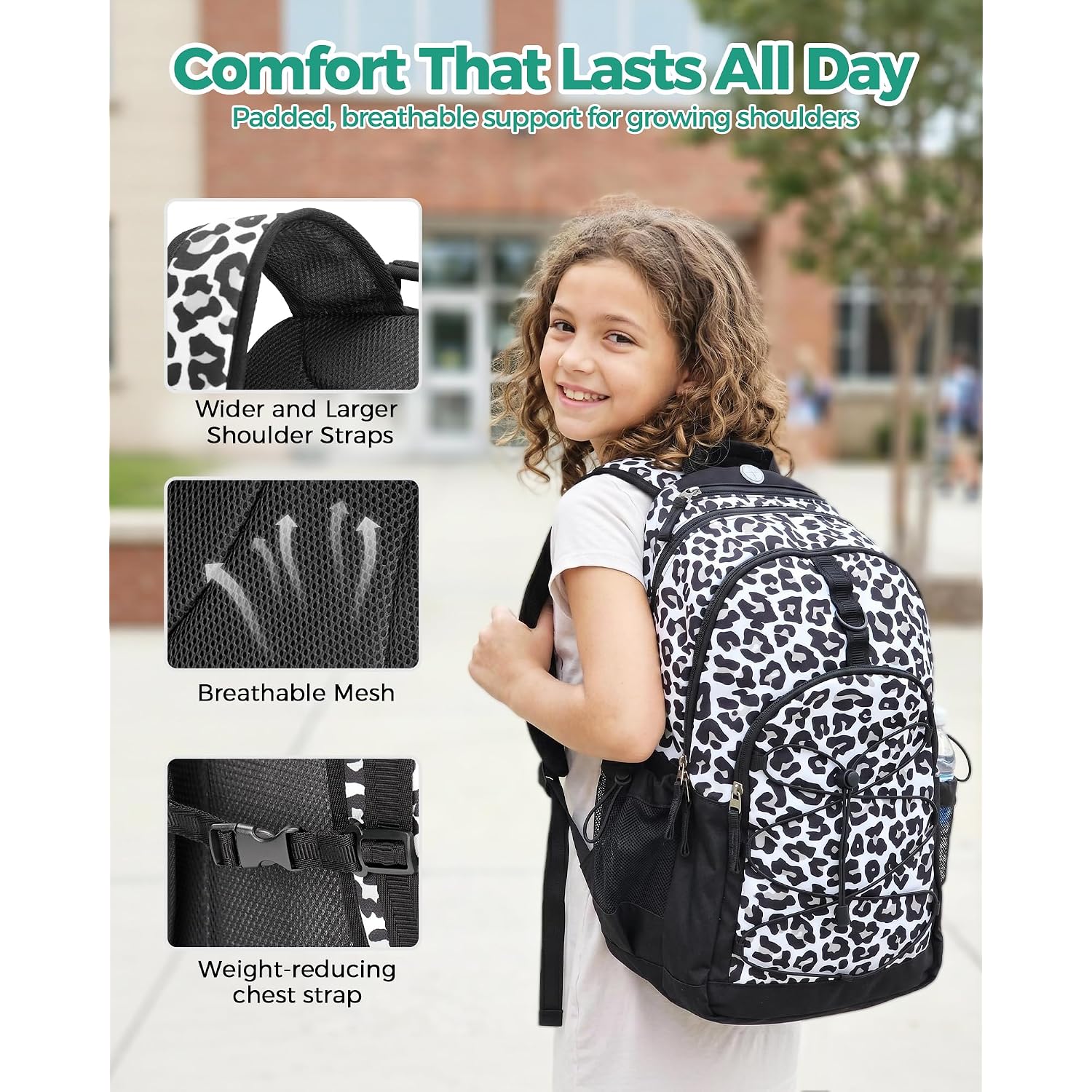 Snow Leopard Backpack For Teen Girls, Travel School Backpack For Girls Middle School Large Bookbag 18 Inch, Black