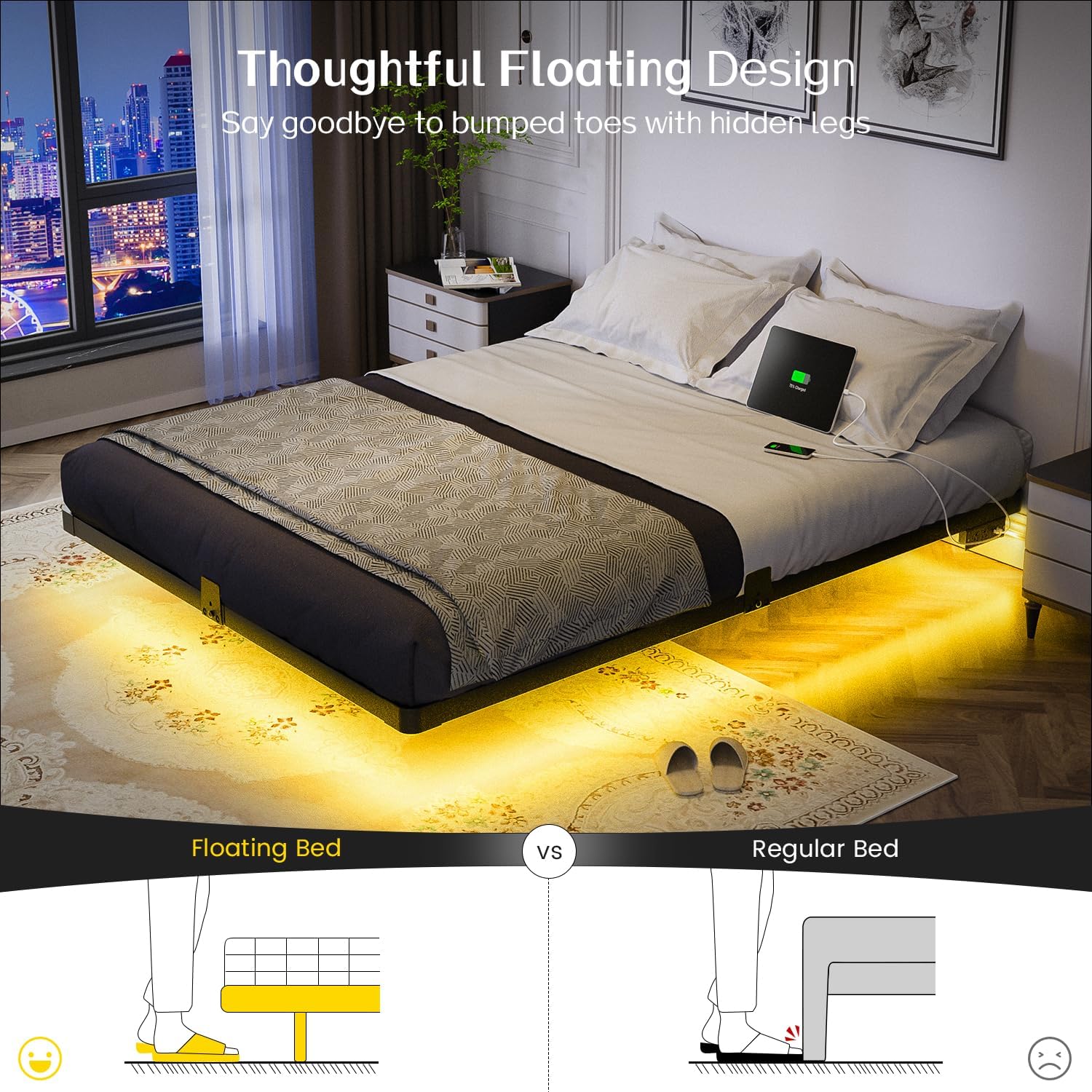 Olevs Floating Bed Frame Queen Size With Smart Led Lights And Charging Station - Modern Metal Platform Bed, Easy Assembly No Box Spring Needed