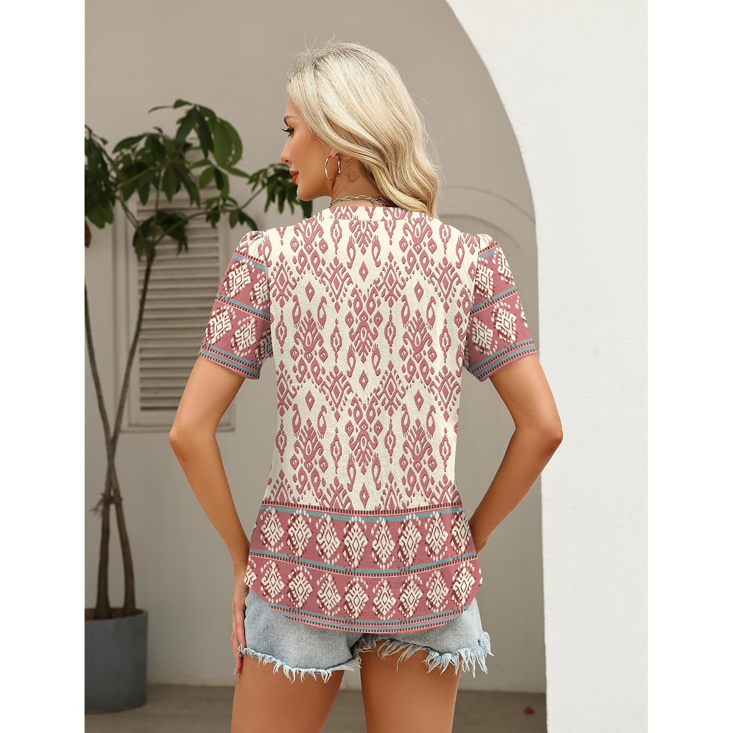 Lomon Womens Summer Tops Boho V Neck Pleated Blouses Dressy Casual Short Sleeve Shirts Vacation Outfits