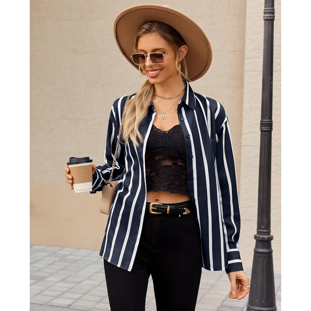 Siliteelon Button Down Shirts For Women Striped Long Sleeve Oversized Boyfriend Blouses Collared Work Drop Shoulder Tops