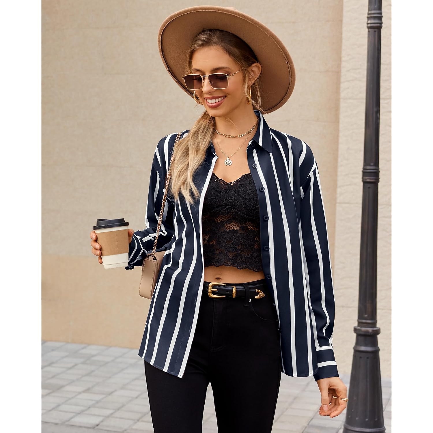 Siliteelon Button Down Shirts For Women Striped Long Sleeve Oversized Boyfriend Blouses Collared Work Drop Shoulder Tops