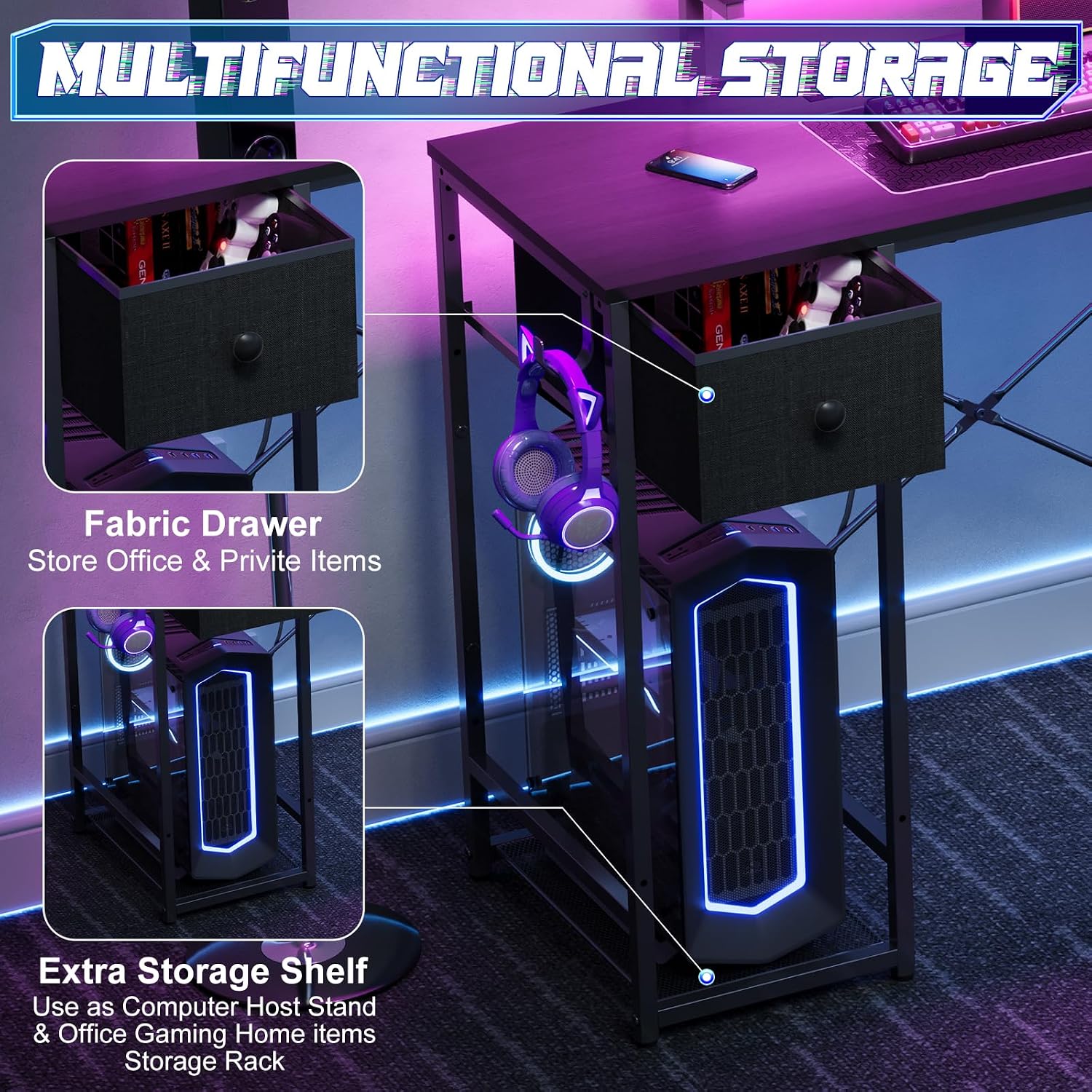 X-Cosrack 33.5" Small Gaming Desk With Led Lights & Power Outlets, Compact Computer Desk With Monitor Stand & Cpu Stand, Gamer Table With Storage Drawer, Side Hooks For Home Office, Bedroom, Black