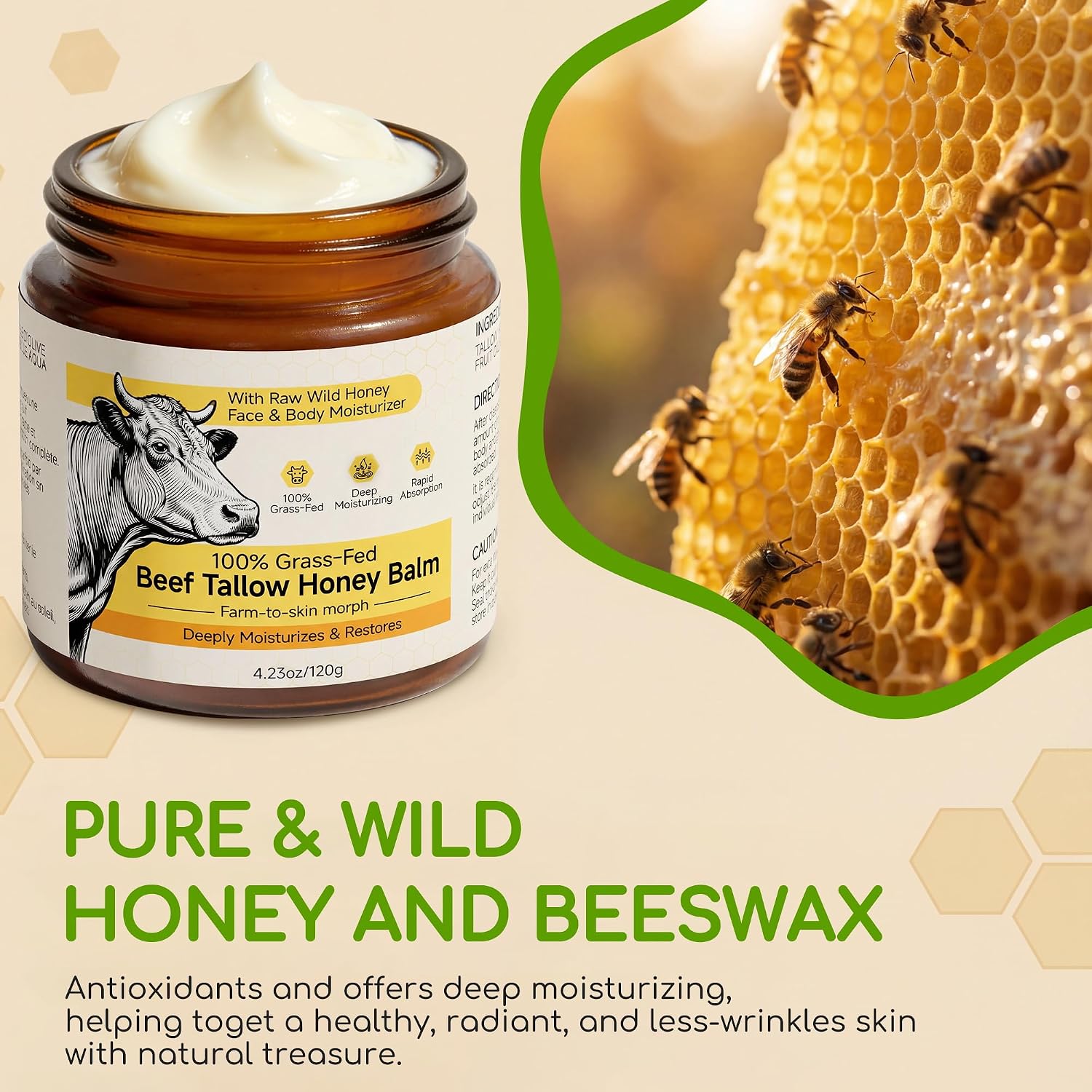 Beef Tallow For Skin & Face, Whipped Tallow And Honey Balm Cream, 100% Grass-Fed Beef Tallow Face Moisturizer With Raw Honey, All Natural Organic Body Lotion Skincare For Women & Men, Unscented 4.2 Oz